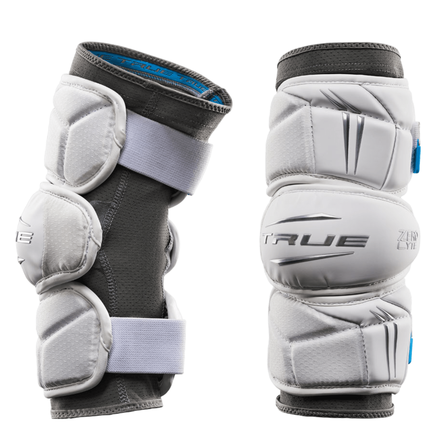A pair of True Zerolyte Arm Pads, showcasing a white and gray design with blue accents and adjustable straps, crafted for elite hockey players. These pads offer protective cushioning, antimicrobial protection, and bear the "TRUE" branding to ensure maximum mobility on the ice.
