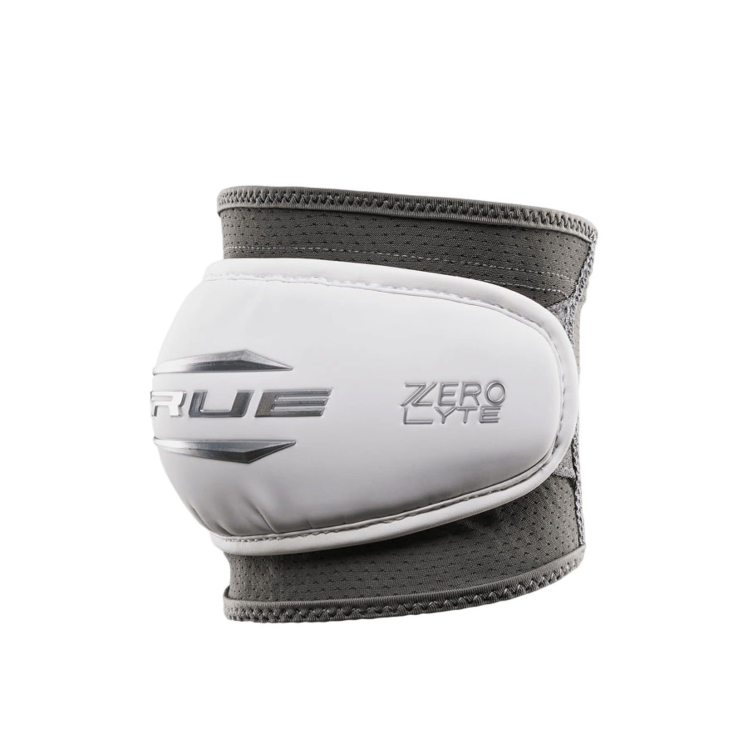 A sleek white and gray sports wristband featuring the "TRUE" logo and "ZERO LYTE" branding is designed for consistent protection. Its transparent background showcases its design, echoing the style of TRUE Zerolyte Elbow Pads, which provide antimicrobial protection.