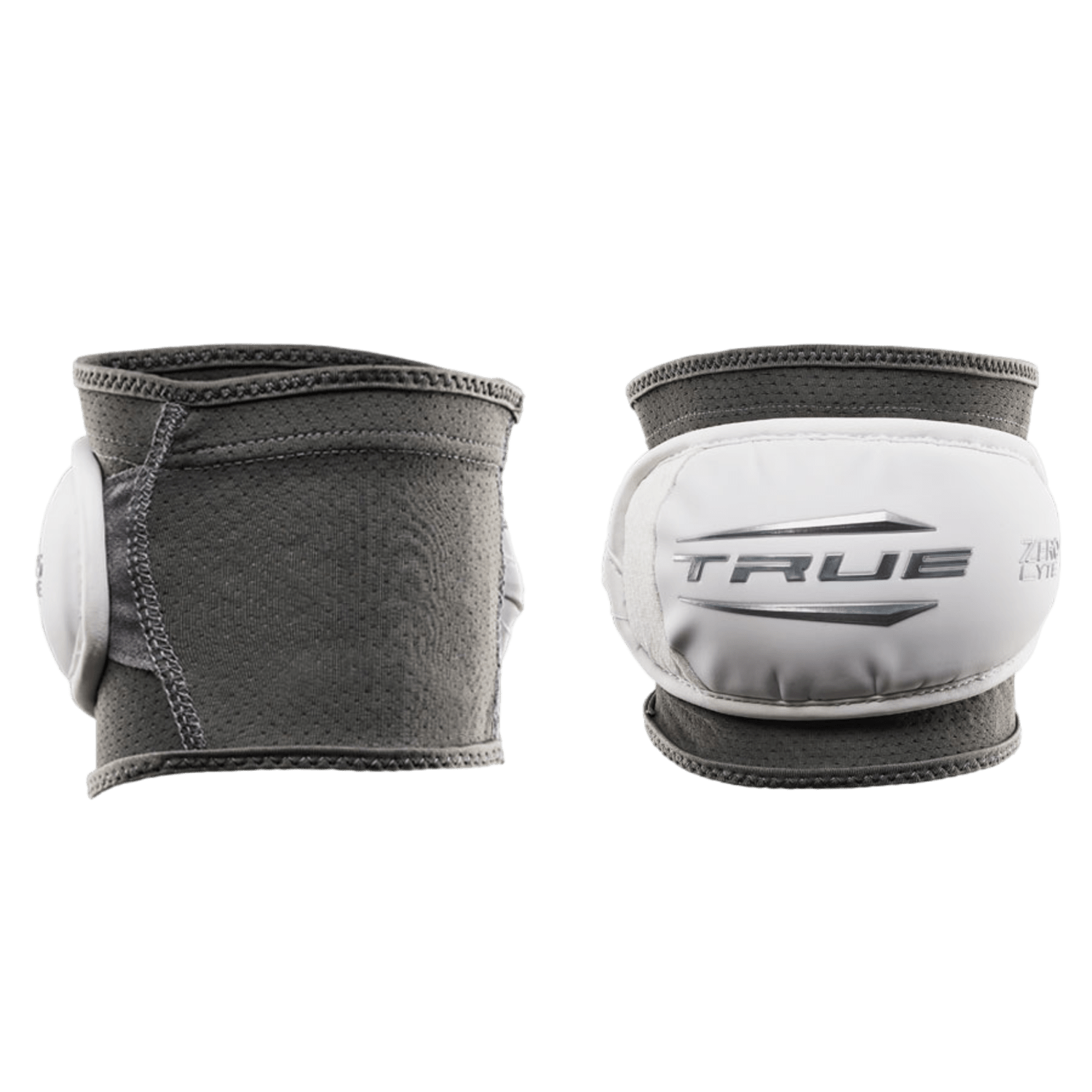 Two gray and white hockey wrist guards are depicted, providing reliable protection. The left guard is presented from a side view, while the right one showcases a front view prominently featuring the "TRUE" logo. The fabric looks soft with visible stitching details, reminiscent of the True Zerolyte Elbow Pads by TRUE.