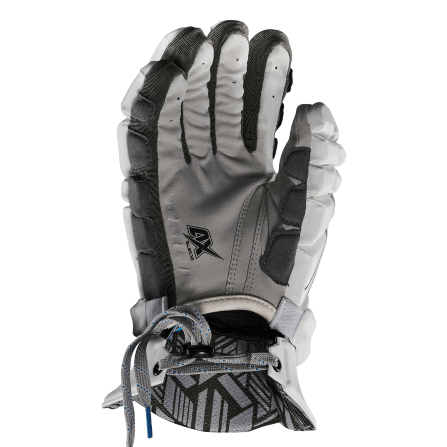 Introducing the True Zerolyte Lacrosse Gloves by TRUE, featuring a black and white design with an Orbit Cuff adorned with a geometric pattern. The palm side reveals reinforced AX Suede Quattro padding on the fingers and thumb, complemented by an adjustable wrist strap for a secure fit.