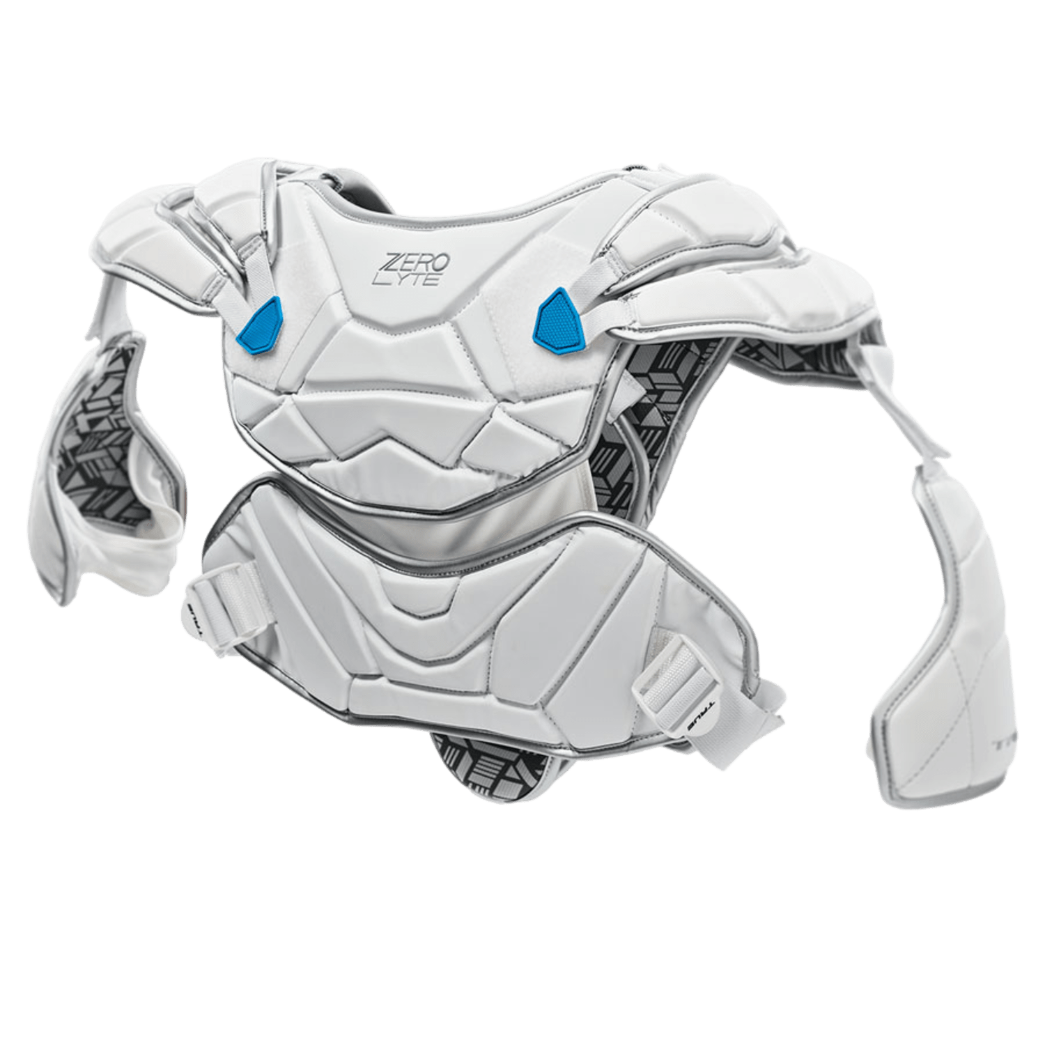 The True Zerolyte Shoulder Pad by TRUE is a white and gray chest protector with shoulder guards, showcasing geometric stitching and two small blue accents. Designed for lacrosse, it offers a lightweight, ergonomic form to provide elite player protection while allowing for unrestricted movement during physical sports.