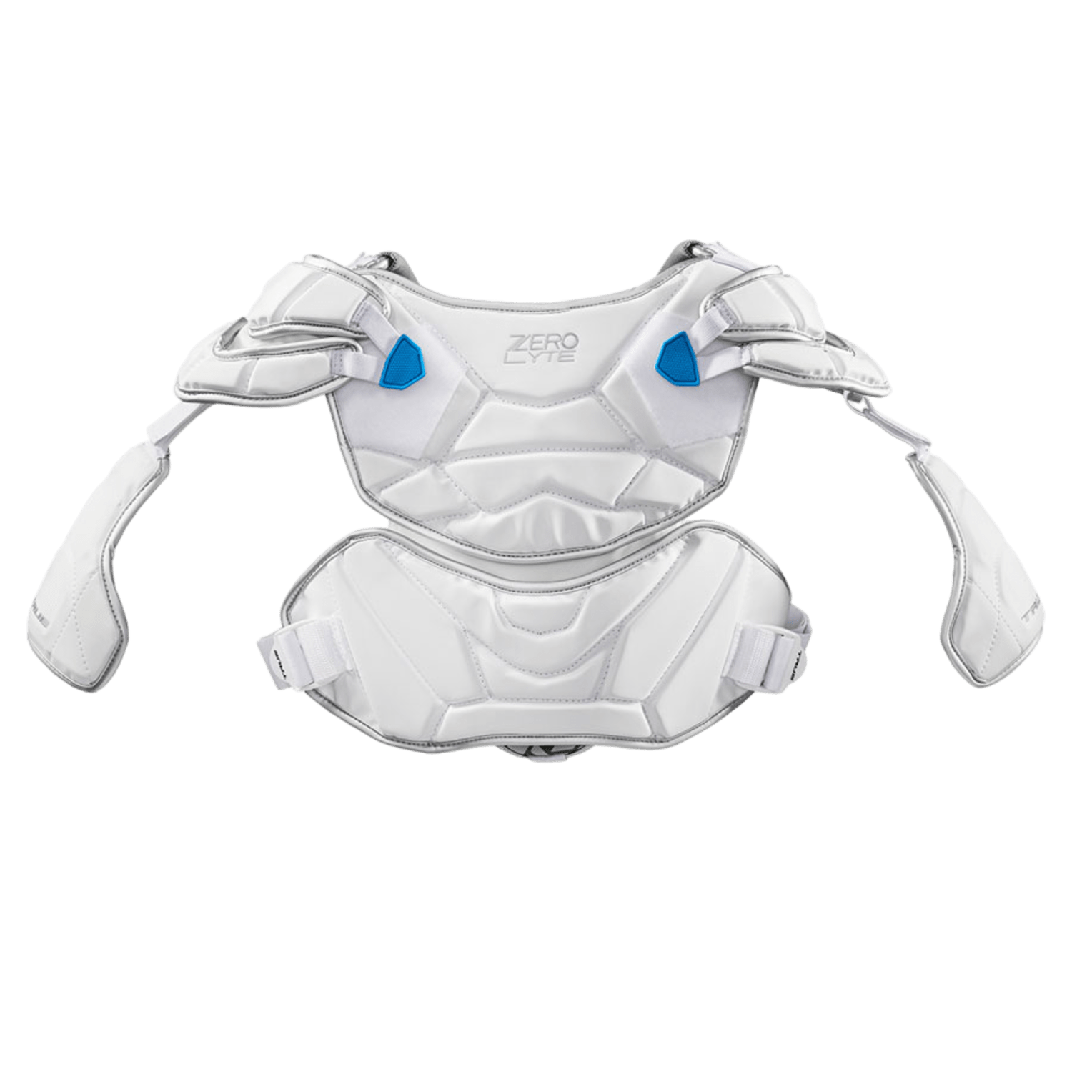 The True Zerolyte Shoulder Pad by TRUE is a white and gray lacrosse shoulder pad with blue accents, crafted for elite player protection. It features a sleek, segmented design that provides unrestricted movement and comprehensive coverage, complemented by padded areas on the shoulders and chest with adjustable straps.