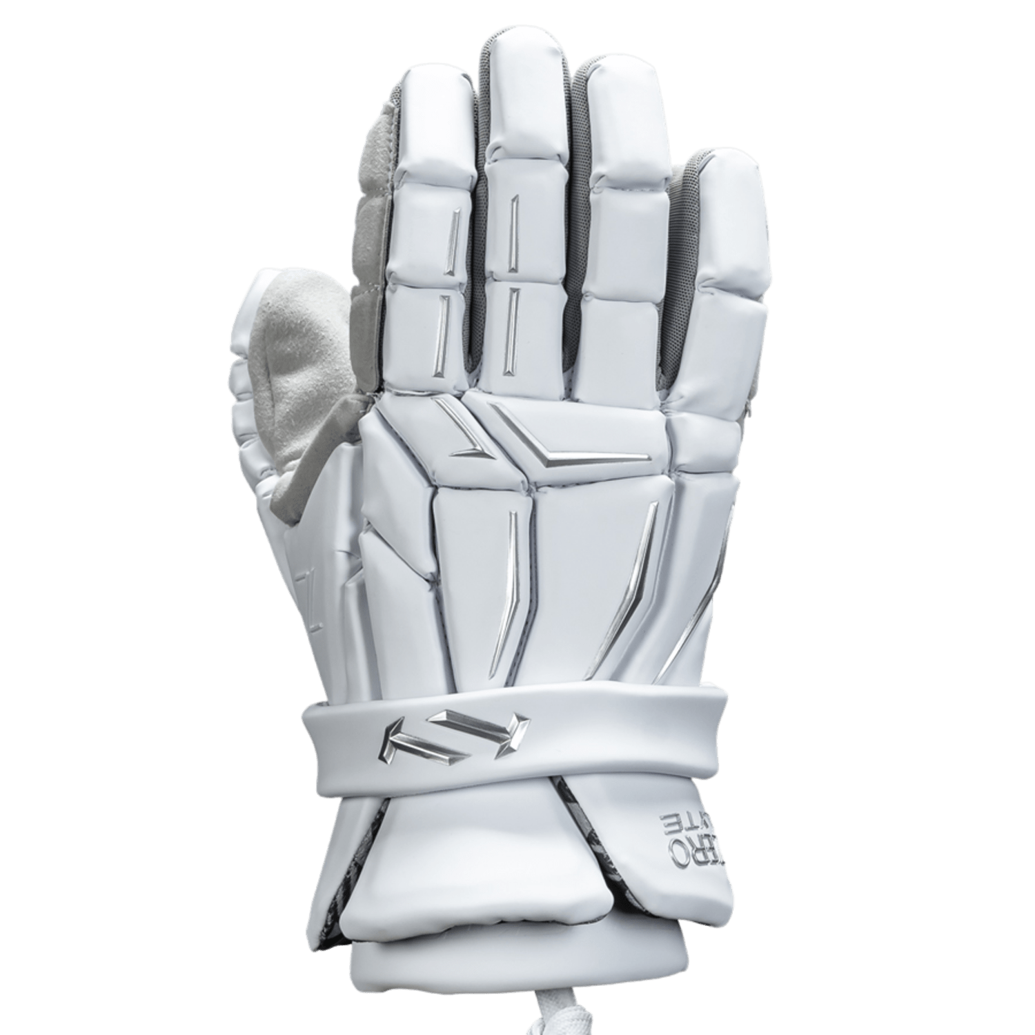 The TRUE Zerolyte ZL2 Lacrosse Gloves, featuring a white design with grey accents, provide protective padding and a flexible wrist cuff. Crafted to enhance mobility and grip, these high-performance gloves are ideal for sports activities.