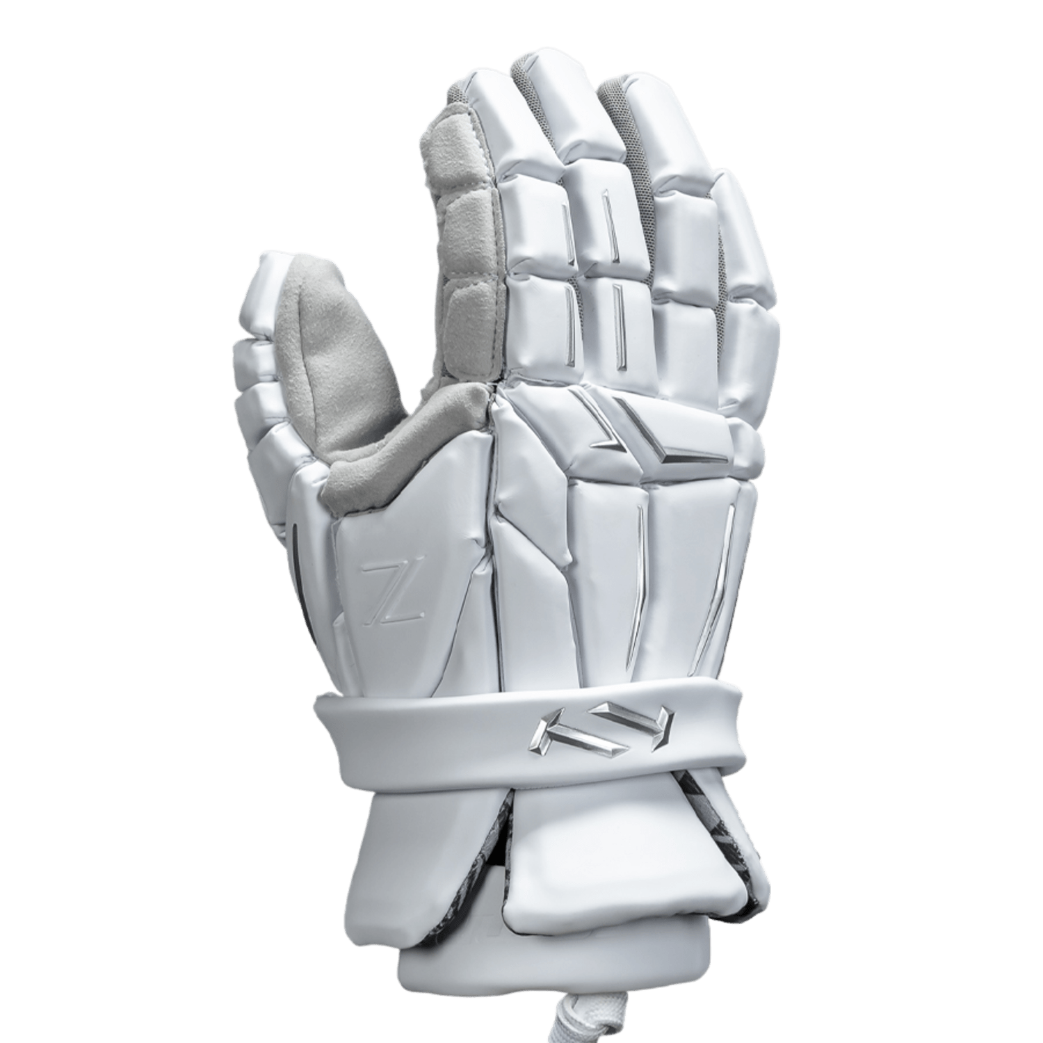 Introducing the TRUE Zerolyte ZL2 Lacrosse Gloves, a white protective sports glove designed for the right hand, featuring segmented padding and a wrist strap. Ideal for activities that require hand protection, these performance lacrosse gloves combine safety with style through their textured palm and sleek, modern design.