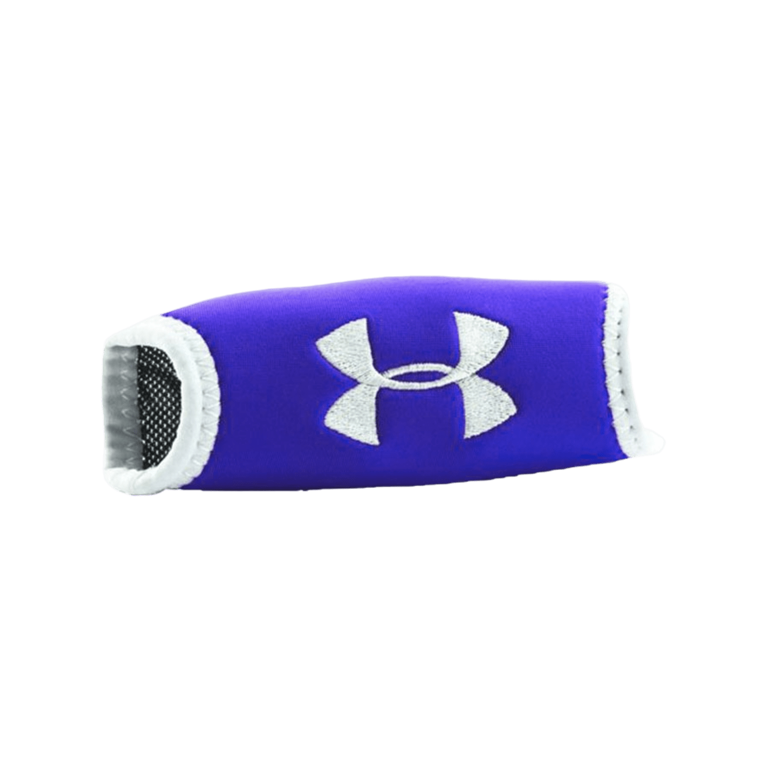 Close-up of an Under Armour UA Chin Pad, featuring a purple fabric design with a white logo prominently in the center. The pad, bordered by white edges and lined with a black interior, offers protective comfort reminiscent of lacrosse helmet designs. The background is transparent.