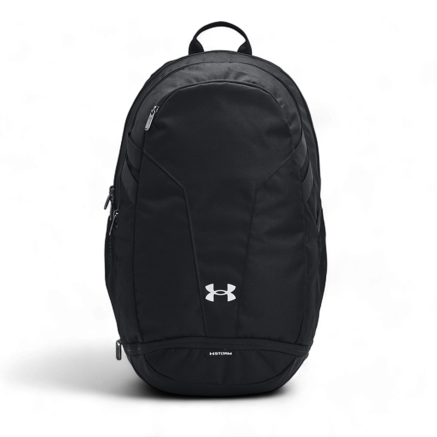 UA Hustle 5.0 Team Backpack by Under Armour with a sleek design features a zippered main compartment, additional front pockets, and the Under Armour logo in white at the center.