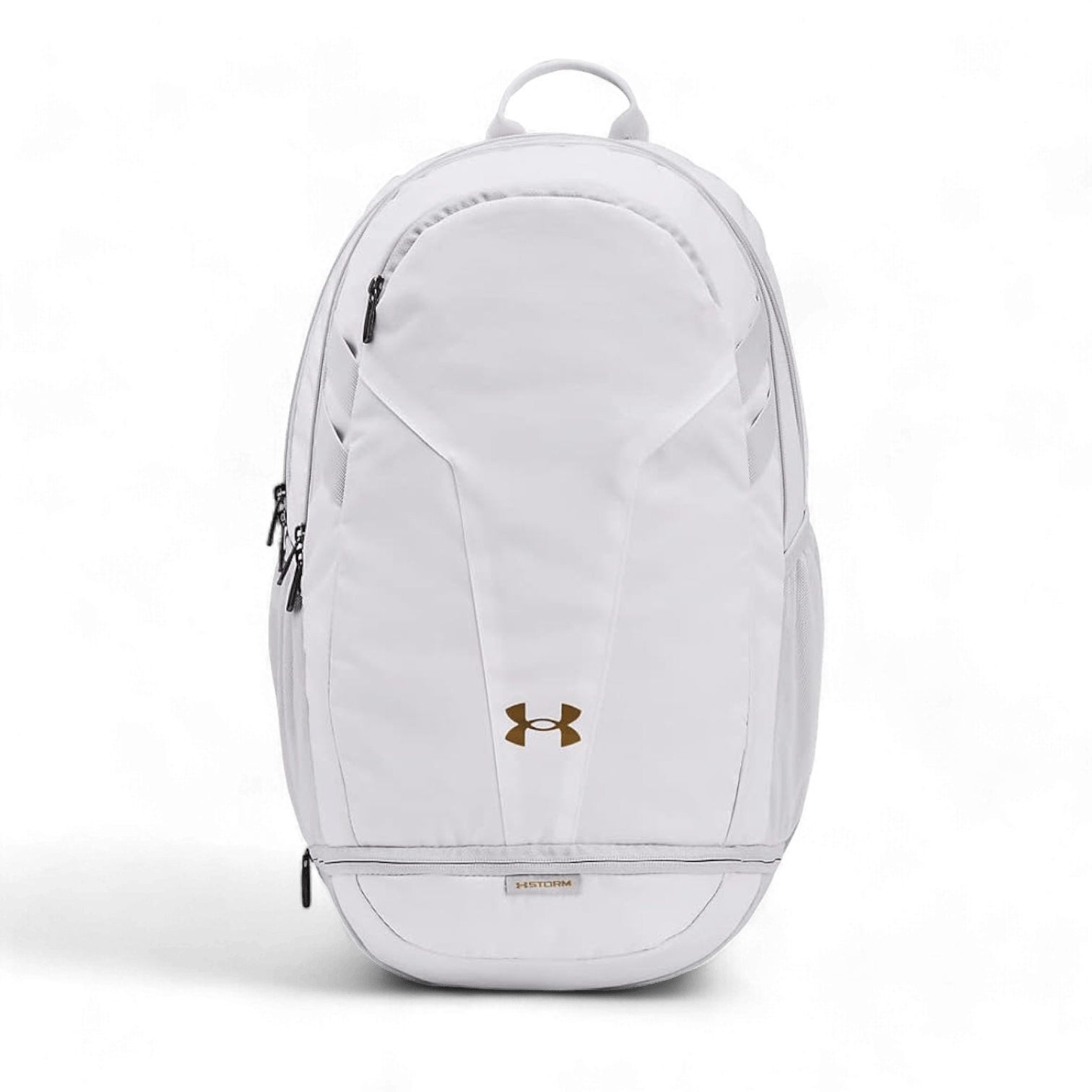 The UA Hustle 5.0 Team Backpack by Under Armour boasts a stylish design with a sleek white exterior and a small central compartment. It includes multiple zipper pockets and is adorned with a black Under Armour logo near the bottom, all set against an off-white background.