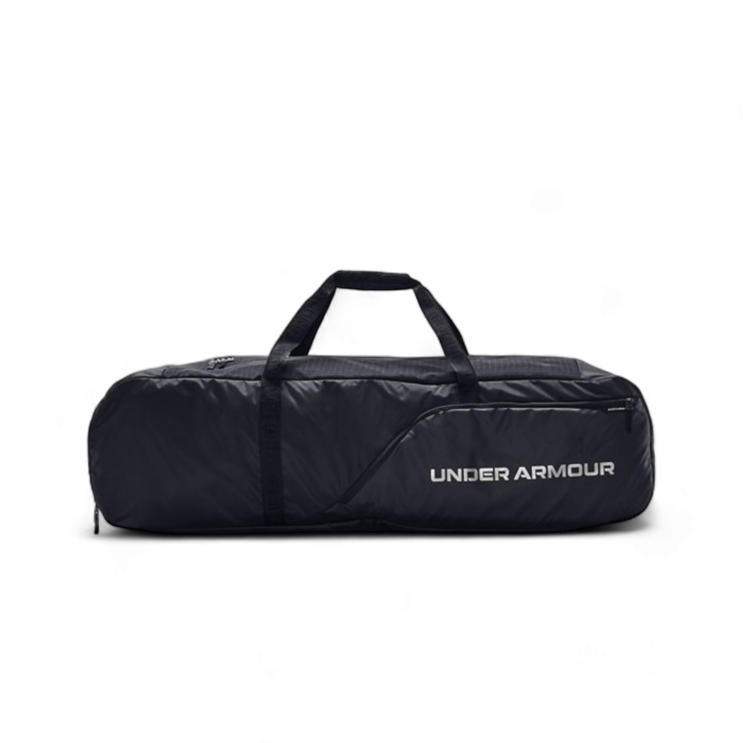 A black UA Lacrosse Equipment Bag by Under Armour, equipped with two handles and a zipper closure, is displayed on a white background. The bag is adorned with the Under Armour logo in white font on the side.
