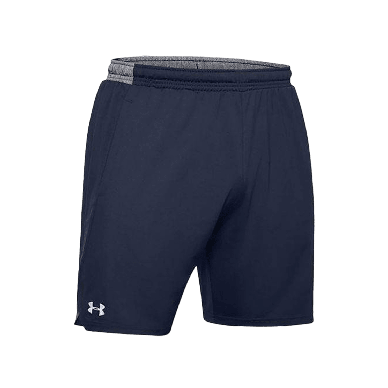A pair of Under Armour athletic shorts (Product Name: 1351353) in dark blue featuring an elastic waistband and a small logo on the lower left leg, lined with lighter gray fabric on the interior. The background is plain green.