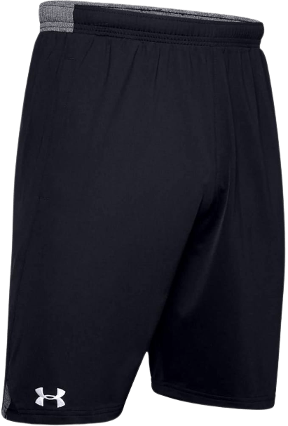 The UA Locker 9" Pocket Short by Under Armour features black athletic shorts with a small white logo near the hem and a gray elastic waistband for a comfortable fit.