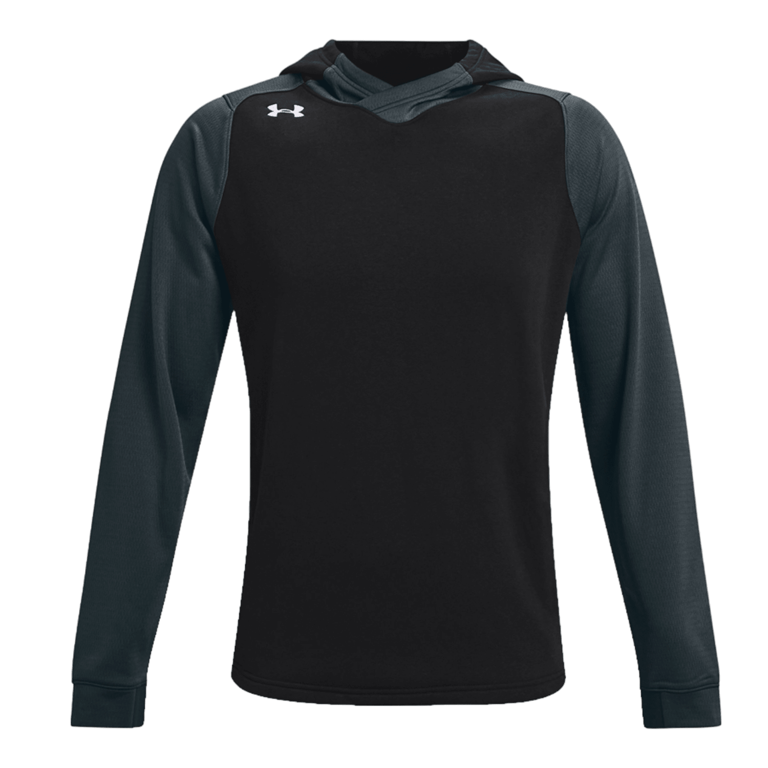 The UA Dynasty Fleece Hoodie by Under Armour is a long-sleeve athletic hoodie in black and dark gray, made from cotton-blend fleece. It features a small logo on the chest and showcases a contrasting fabric design, combining two shades for a sporty look, perfect for displaying team spirit during warm-ups.