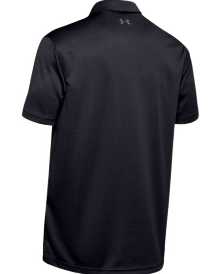 The UA Tech Polo by Under Armour showcases a back view in black, featuring short sleeves and a subtle logo positioned near the collar. The shirt's minimalist design highlights its smooth and lightweight fabric.