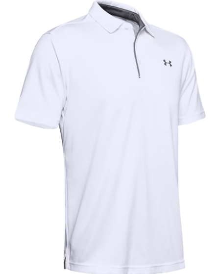 The UA Tech Polo by Under Armour is a white, short-sleeve shirt with a collar and button placket. It features a small black logo on the right chest, and is made from lightweight and breathable fabric.