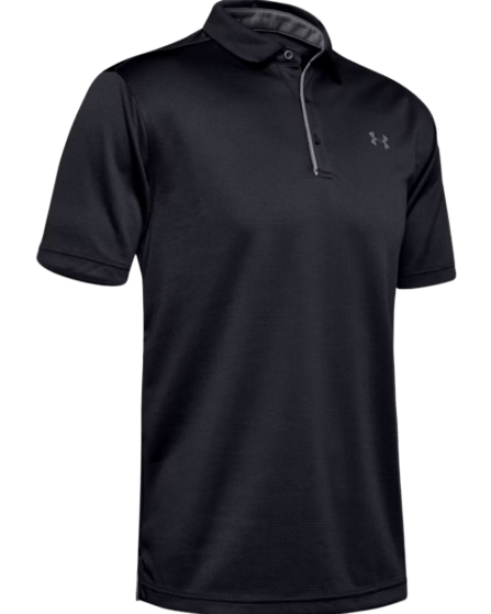 Introducing the Under Armour UA Tech Polo, a sleek black short-sleeve polo shirt featuring a classic collar and a three-button placket. This stylish piece is accented by a subtle logo on the chest, perfect for achieving an effortlessly casual look.