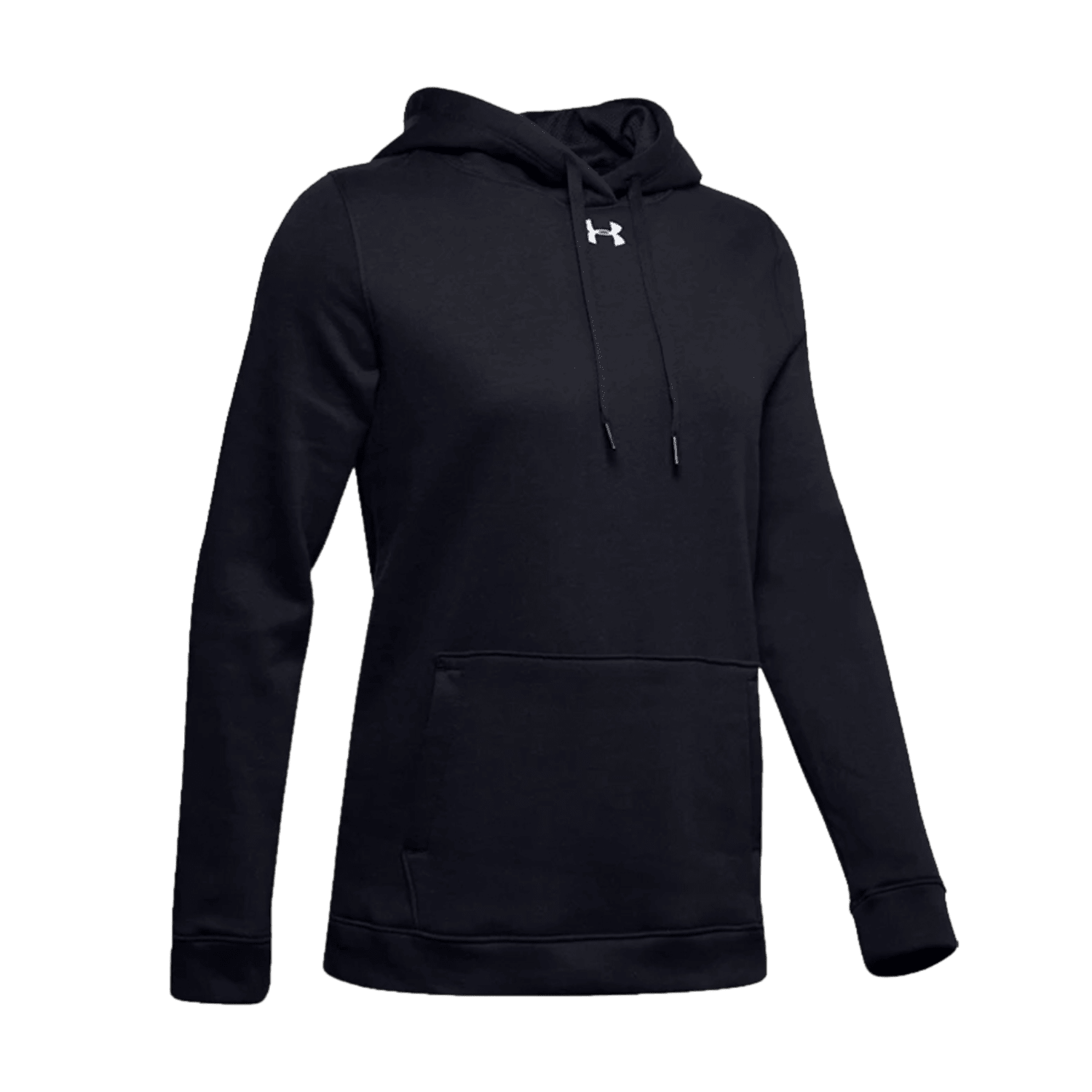 Introducing the Under Armour UA Women's Hustle Fleece Hoodie: This black hoodie features long sleeves and a kangaroo pocket, crafted from ultra-soft fleece. It includes a small logo on the upper chest and adjustable drawcords for a perfect fit.