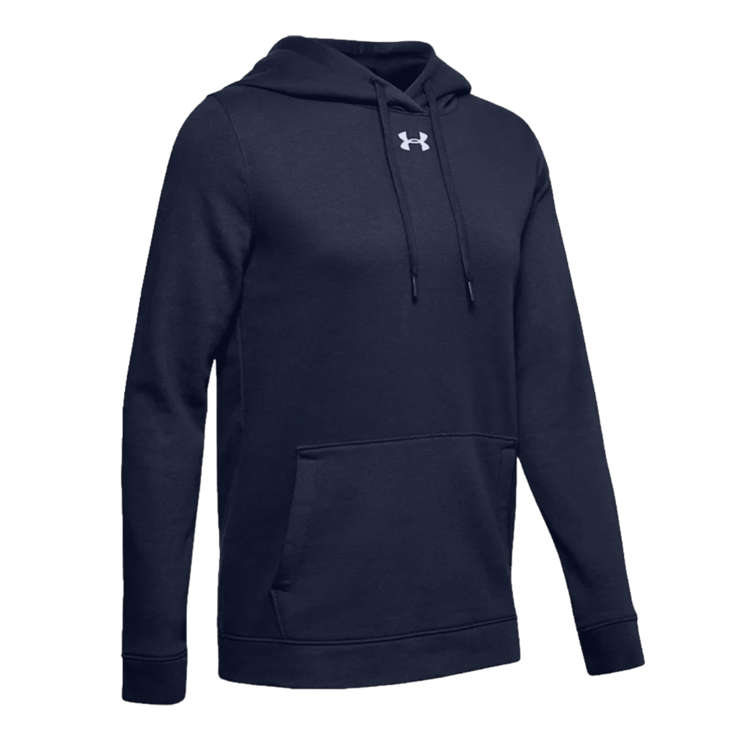 The UA Women's Hustle Fleece Hoodie by Under Armour is designed in navy blue and made from ultra-soft fleece. It features an adjustable drawstring hood, a kangaroo pocket, and a small white logo on the front. The hoodie also includes long sleeves with ribbed cuffs for enhanced comfort.