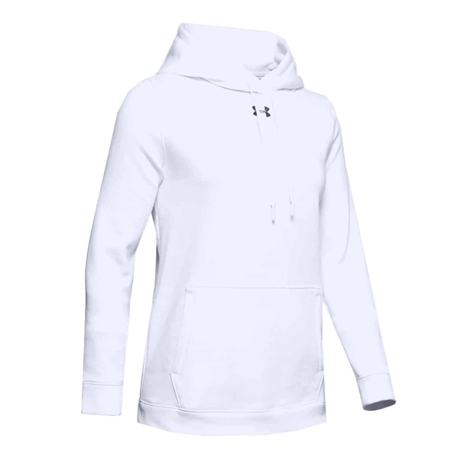 An Under Armour hoodie, product 1300261, featuring long sleeves and constructed from an ultra-soft cotton-blend fleece fabric. It includes a front pouch pocket and adjustable drawcords on the hood, with a small logo placed near the neckline.