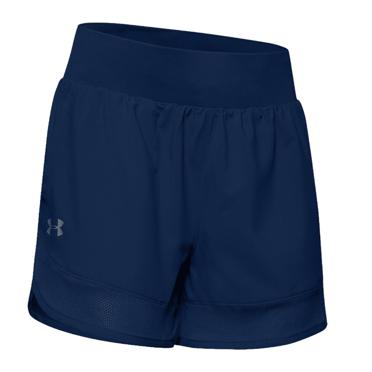 A pair of Under Armour women's shorts, model 1351232, in dark blue with an elastic waistband and a subtle logo on the left. Made from lightweight woven fabric, they are ideal for sports or exercise, capturing team spirit with every motion.