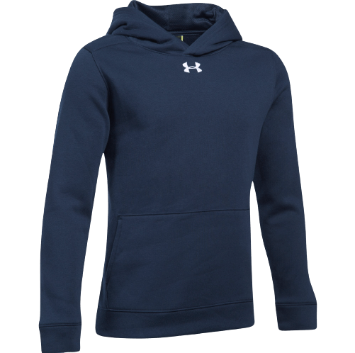 Under Armour's 1300129 is a navy blue hoodie featuring a white logo on the chest, a hood without drawstrings, a front pocket, and long sleeves.
