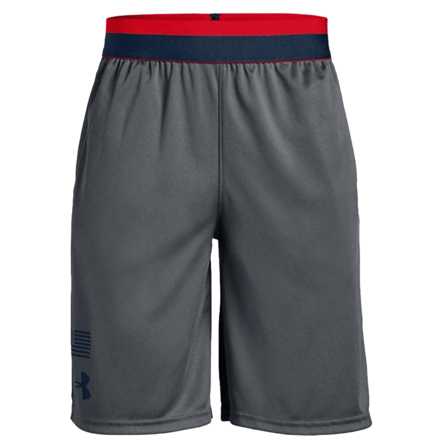 Under Armour's product 1331622 are gray athletic shorts, made with a fast-drying, lightweight fabric. They feature a red elastic waistband and blue accents. The design is complemented by subtle lines near the bottom and a small logo on the left leg.