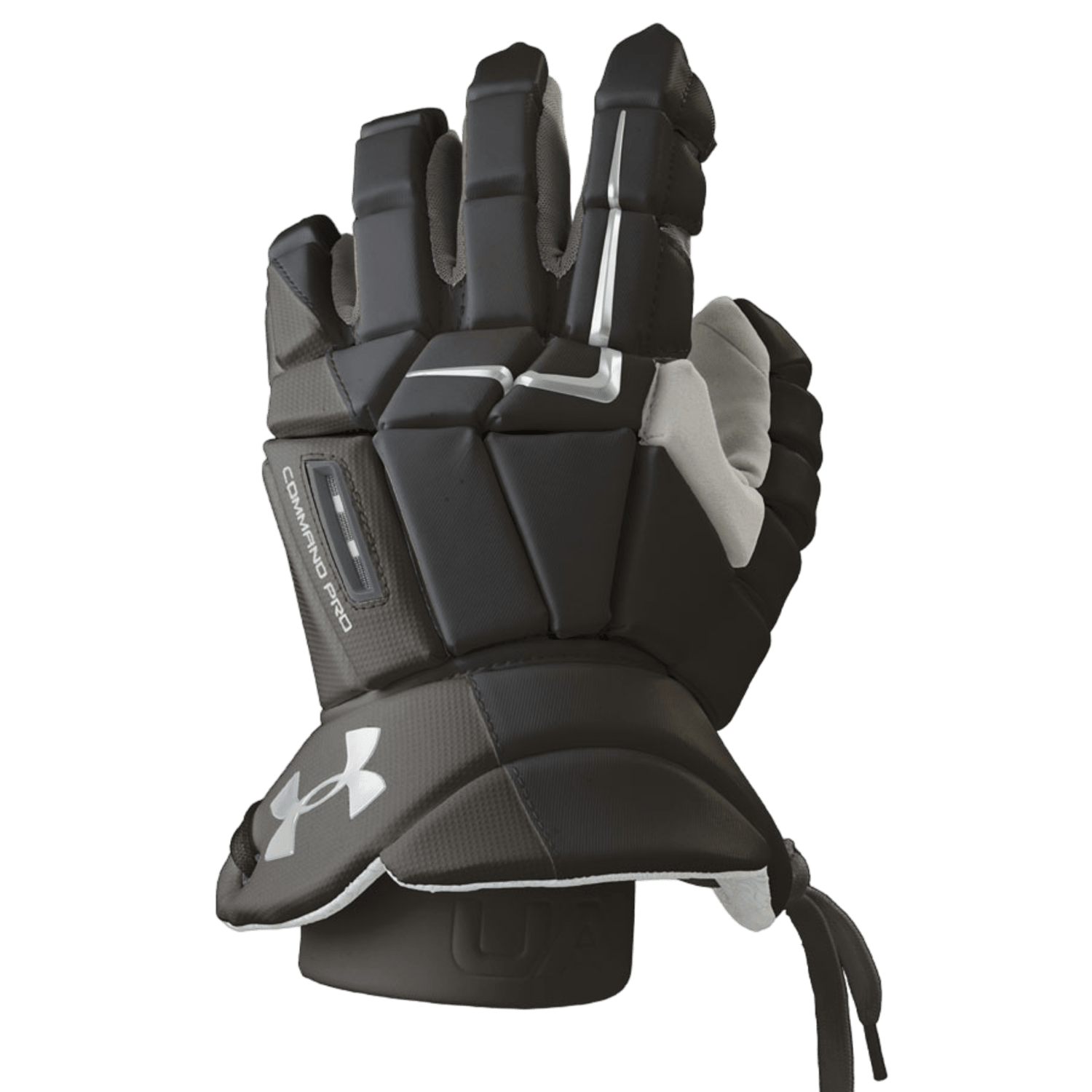The UA Command Pro 3 Lacrosse Gloves by Under Armour in black and gray come with protective padding and feature the iconic logo on the wrist. Designed with an AX suede palm for superior grip, these gloves also boast a sleek design with slightly bent fingers to optimize both protection and flexibility.