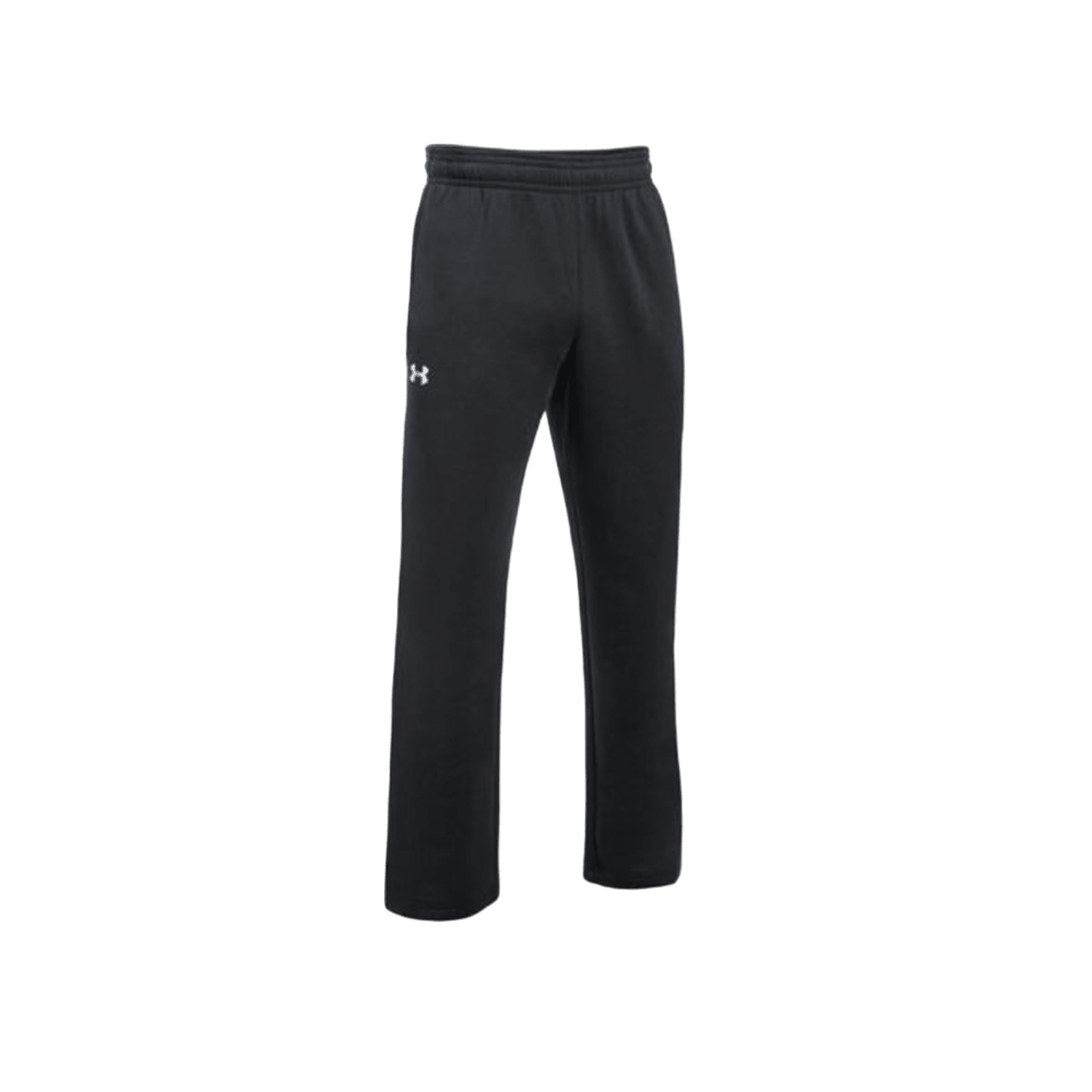 The UA Hustle Fleece Pants by Under Armour are black warm-up pants featuring an elastic waistband and a discreet white logo on the left thigh. These full-length pants are crafted from a soft cotton-blend fleece and are displayed against a transparent background.