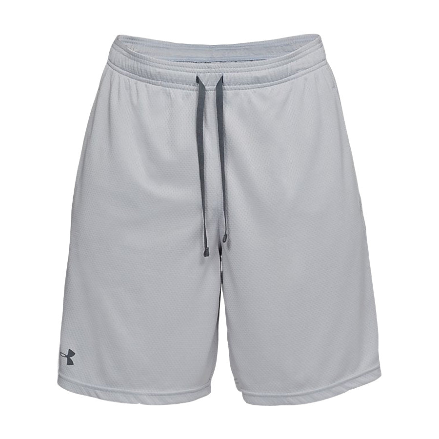 Introducing product 1328705 from Under Armour: Gray athletic shorts equipped with an elastic waistband and drawstring, prominently displaying the Under Armour logo on the lower left side. These shorts are crafted from lightweight, breathable fabric and feature advanced anti-odor technology, making them perfect for sports training or casual wear.