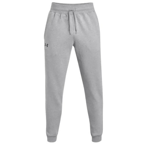 Under Armour's UA Hustle Fleece Jogger, designed in gray with a subtle logo on the left thigh, is made from a luxuriously soft cotton-blend. These joggers feature an elastic waistband with a drawstring and have cuffed ankles. The lightweight fleece material promises softness and comfort, making them ideal for both casual wear and exercise.