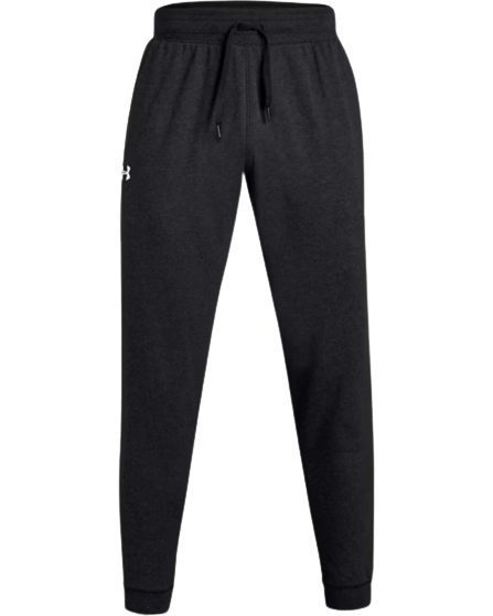Introducing the Under Armour UA Hustle Fleece Jogger: crafted from an ultra-soft cotton-blend material, these black jogger sweatpants feature an elastic waistband with a drawstring. A small white logo adorns the left upper thigh, and the fabric promises to be soft and comfortable, making these pants perfect for casual wear.