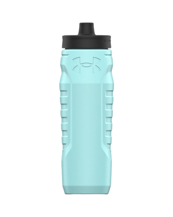 The UA Sideline 32oz. Squeeze Bottle by Under Armour is a light blue reusable water bottle featuring a black screw cap and textured grip along the sides. It showcases the brand's logo on the front, offering a sporty and durable design.