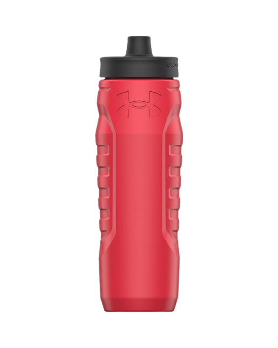 An Under Armour UA Sideline 32 oz. Squeeze Bottle in red, equipped with a black lid, designed with a textured grip pattern, and featuring the brand's logo near the top.