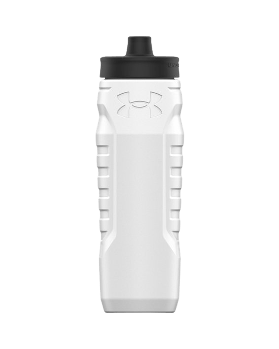 Introducing the UA Sideline 32 oz. Squeeze Bottle from Under Armour, a sleek white bottle with a black lid and a prominent Under Armour logo on the front. It features a textured surface with ergonomic grooves for easy grip.