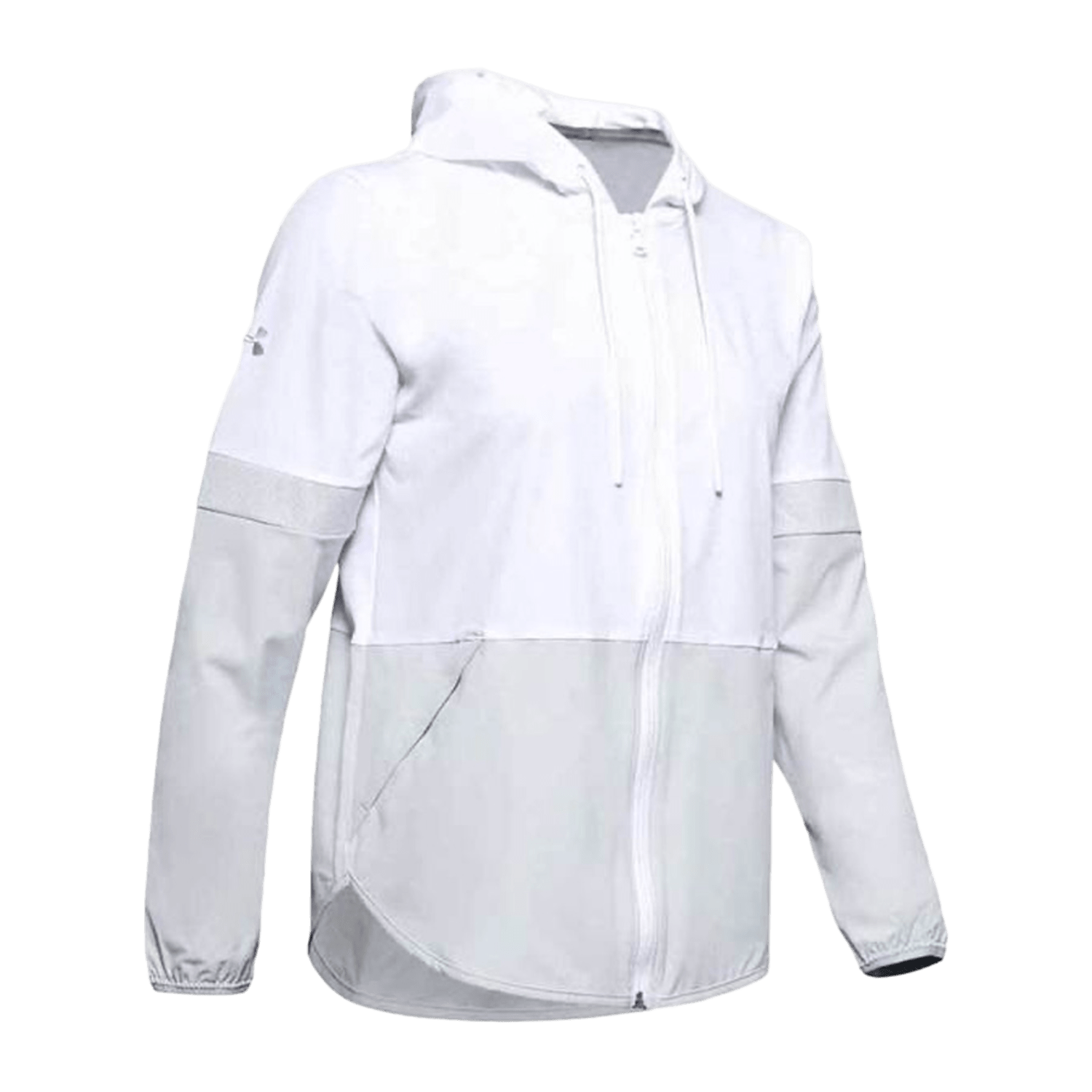 The UA Women's Squad Woven Jacket by Under Armour is a white zip-up jacket featuring a hood and long sleeves, crafted from durable stretch fabric. Its design includes subtle seam details on the arms and body, providing both style and flexibility.