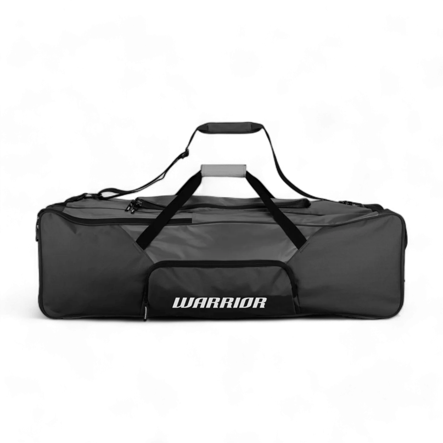 A spacious black duffel bag designed for lacrosse, with "Warrior" printed in white on the side, featuring top handles and a handy wet gear/shoe compartment, all highlighted on a transparent background.
