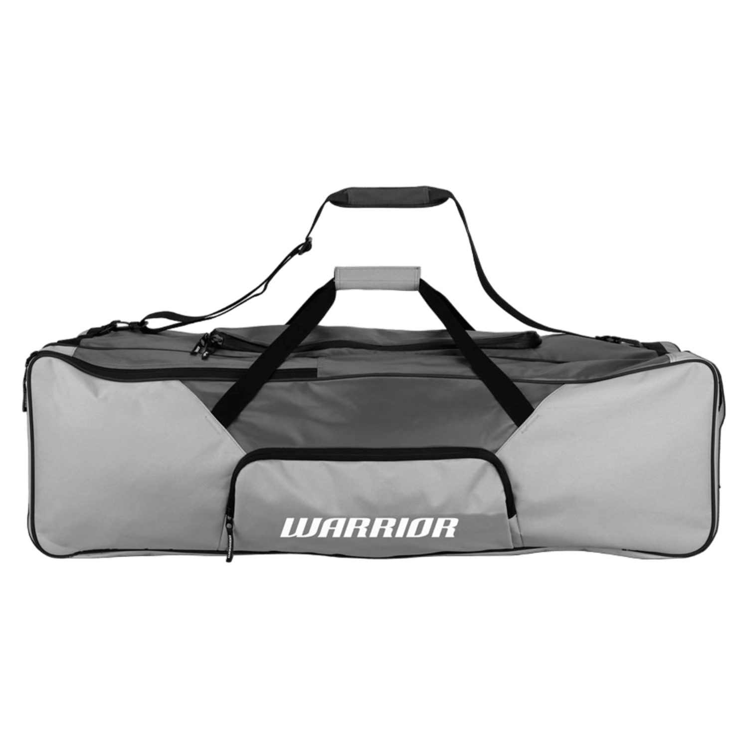 The Warrior Blackhole Bag by Warrior is gray and black, featuring a large central compartment for gear, two carry handles, and a detachable shoulder strap. Its rectangular design showcases the Warrior logo on the side pocket for easy access to essentials.