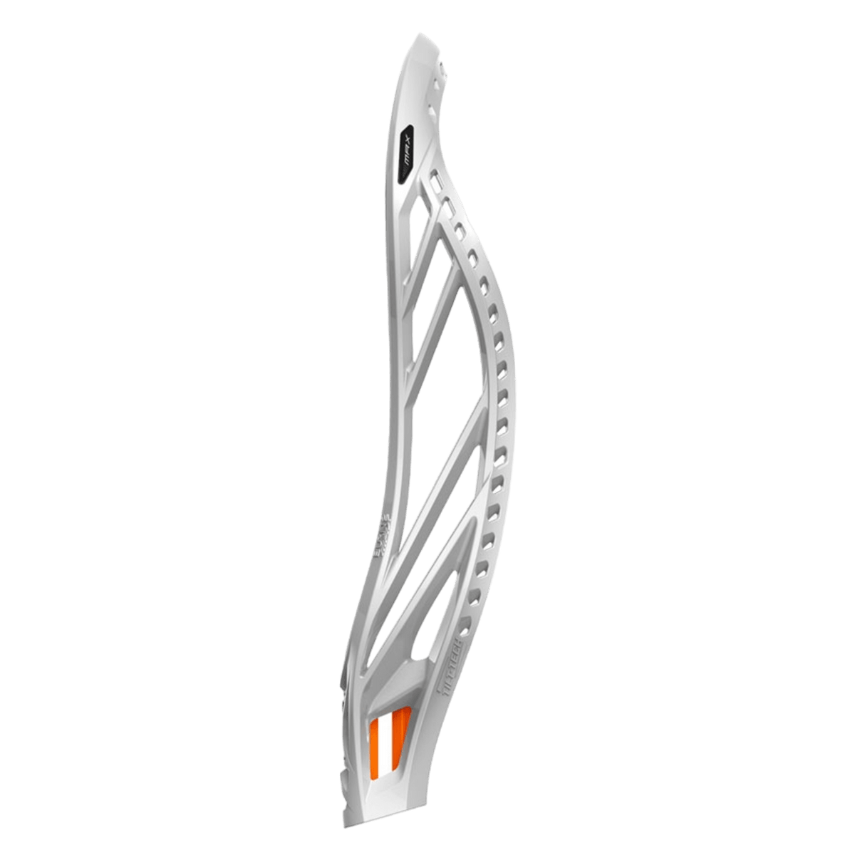 The Warrior Burn 2 Max Lacrosse Head, created by Warrior, is a white head featuring a sleek, aerodynamic design with curved edges ideal for defensive players. It offers numerous stringing holes and showcases a subtle orange accent near the bottom.
