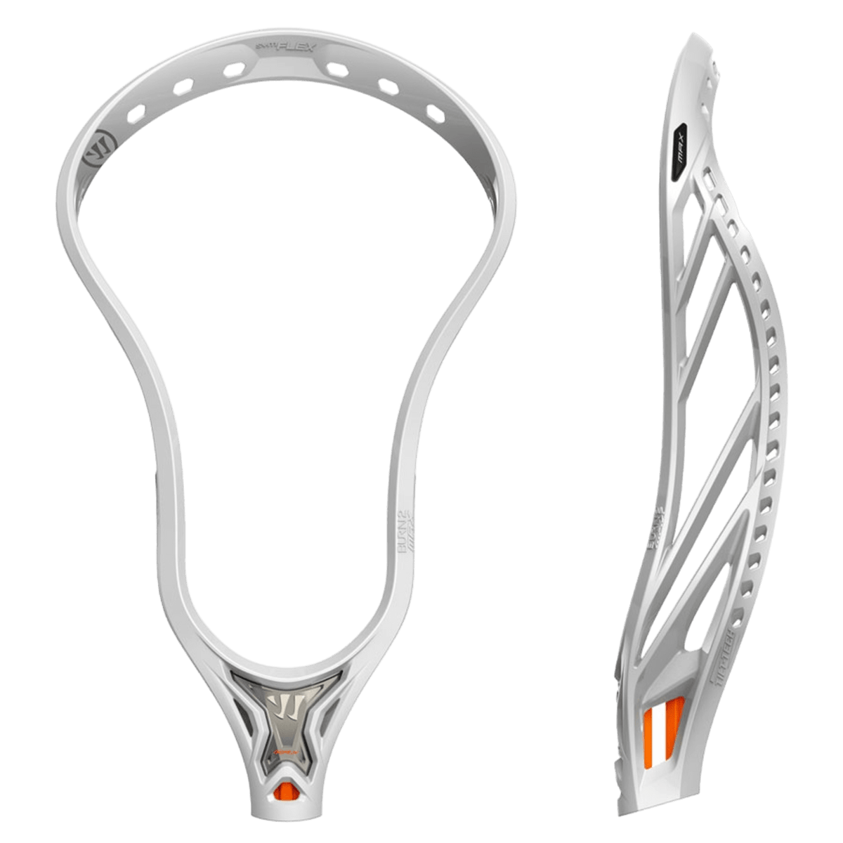 Two views of the Warrior Burn 2 Max Lacrosse Head by Warrior, designed specifically for defensive players. The front view displays its broad top with strategically placed holes, while the side view highlights a ribbed structure complemented by orange accents at the base, making it an ideal choice for players in search of a dependable shooter's head.