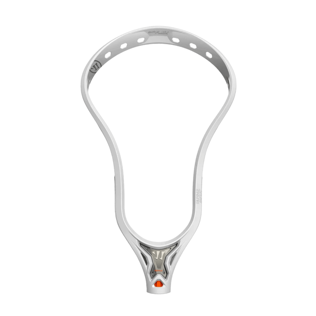 An image showcasing the Warrior Burn 2 Max Lacrosse Head, ideal for defensive players. It features a sleek white design with multiple stringing holes and a small orange accent at the bottom. The background is transparent to highlight its stylish appearance.