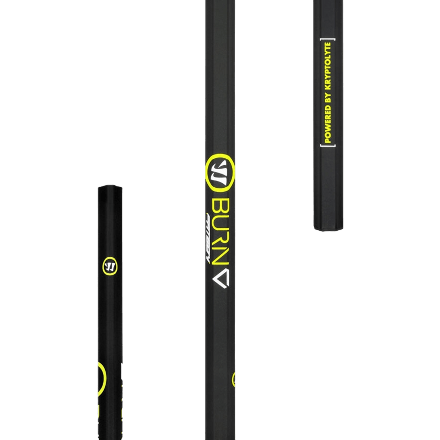 Three black tennis racket frames with yellow and white logos and text stand against a plain green background. The central frame, reminiscent of a short stick, is vertical and fully visible with "BURN" prominently displayed. It's as bold as the Warrior Burn Diamond Fatboy Box Lacrosse Shaft in its stance.
