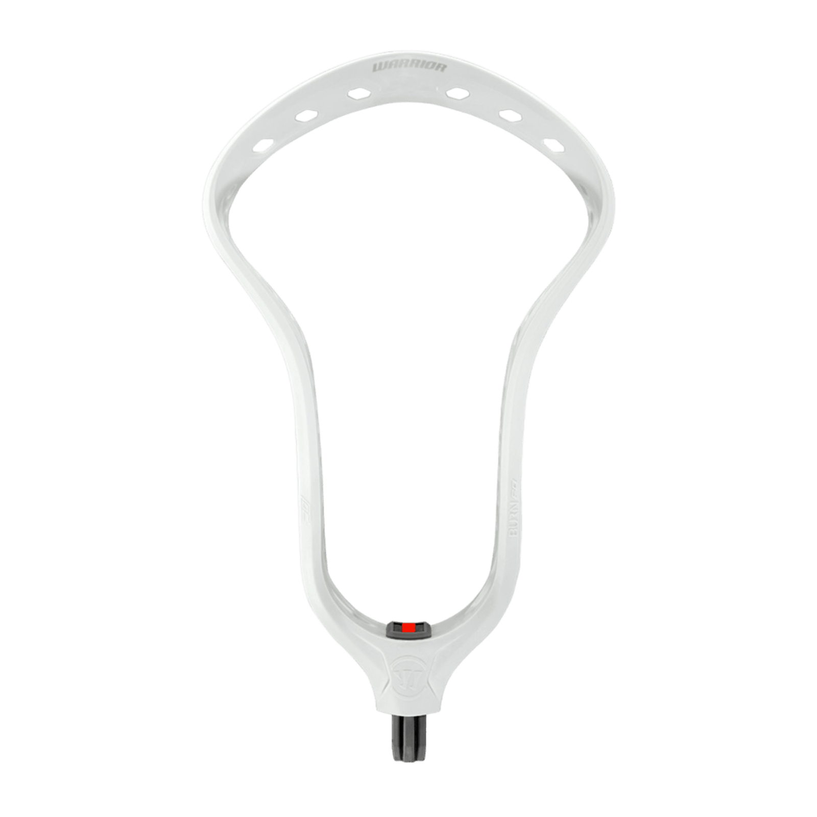 A white Warrior Burn FO Lacrosse Head from the brand Warrior, equipped with multiple string holes for net attachment and engineered for peak performance during faceoffs. It is symmetrically designed with the manufacturer's logo at the base and accented with a subtle colored detail, all set against a simple green background—a tribute to Trevor Baptiste's exceptional skill.