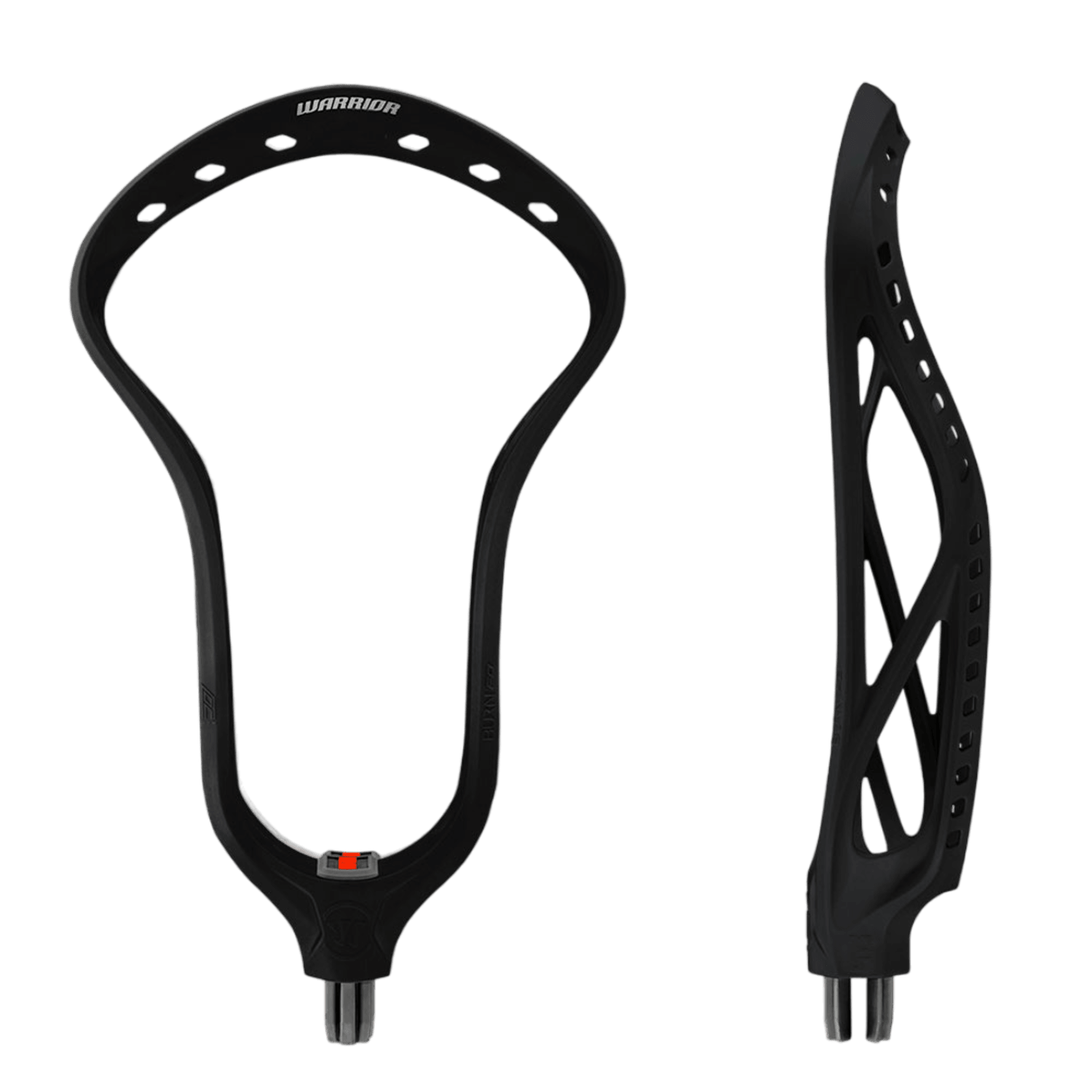 The Warrior Burn FO Lacrosse Head, inspired by Trevor Baptiste, is a black head displayed from the front and side angles. It features a sleek design with numerous stringing holes and a curved side profile, ideal for faceoffs. The "Warrior" brand is prominently showcased at the top.