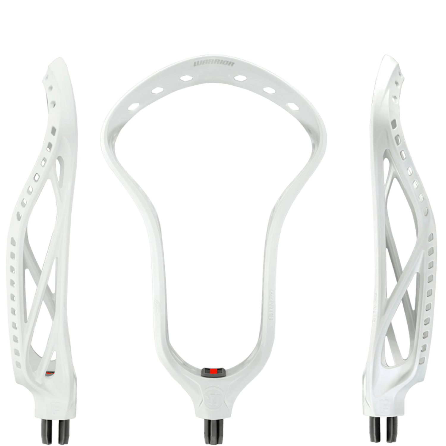 Three perspectives of the Warrior Burn FO Lacrosse Head by Warrior, inspired by Trevor Baptiste: a frontal center view and two angled side views. This faceoff head is designed with multiple side holes and a reinforced structure to ensure optimal stability.