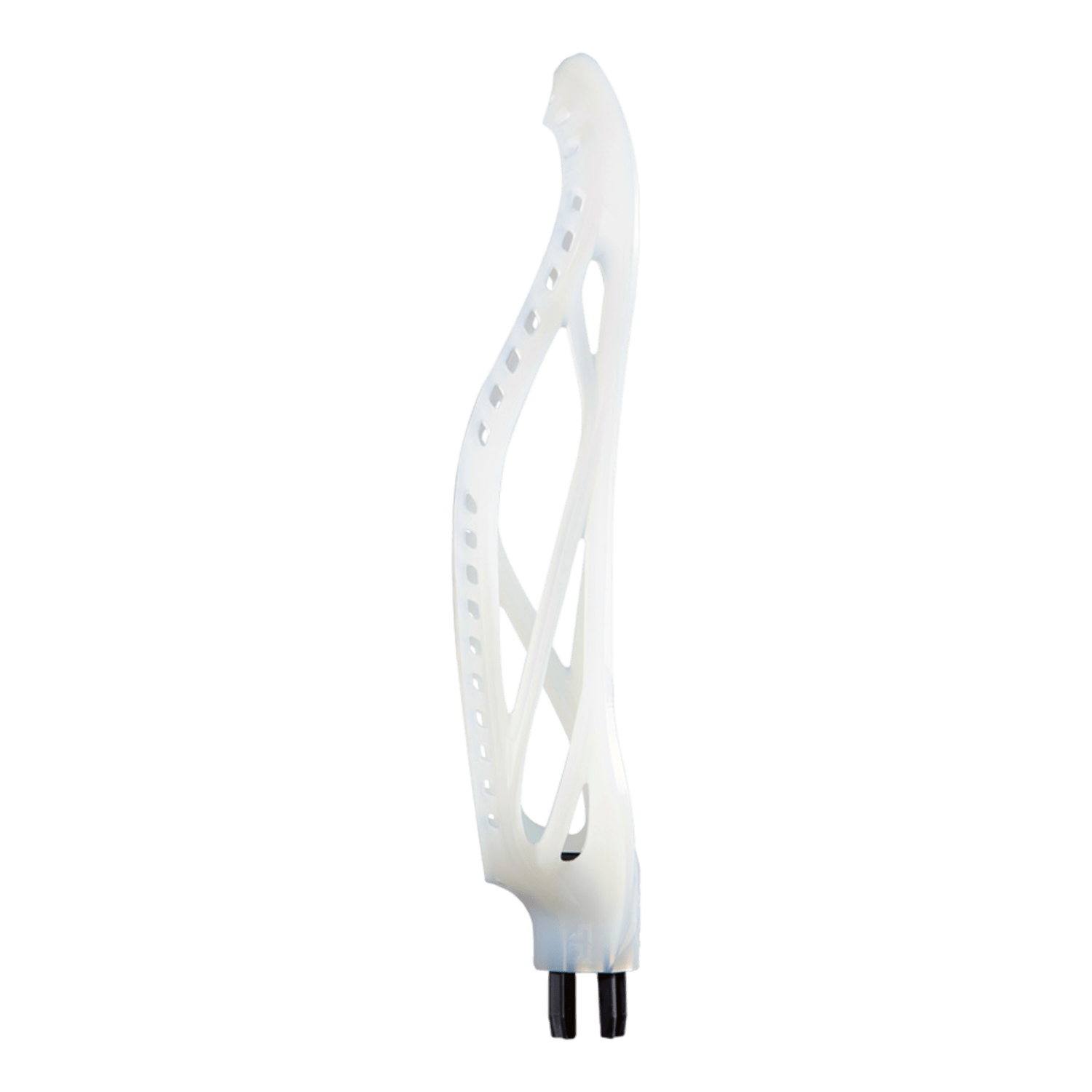 The Warrior BFORU2 lacrosse head showcases an aerodynamic design crafted from pure resin, complemented by black attachment points against a simple background.