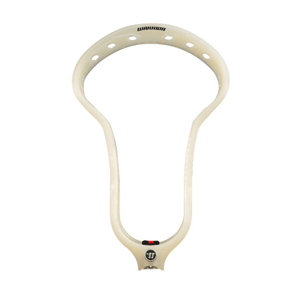 The image showcases a Warrior Burn Formula Lacrosse Head in beige, adorned with numerous stringing holes along the edges. The Warrior brand logo is prominently displayed at the top, accompanied by a small emblem near the base. Set against a plain background, this face-off head's design is evocative of Trevor Baptiste's style.