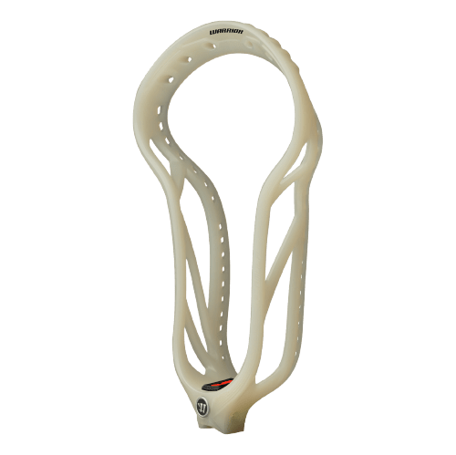 The Warrior Burn Formula Lacrosse Head, in white, features a streamlined design with perforations along its frame, making it ideal for face-offs. The iconic Warrior logo is displayed near the throat area. The head is stylishly captured against a simple white background.
