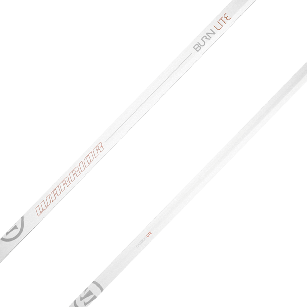The image features two white Warrior Burn Lite Defense Lacrosse Shafts, adorned with the words "Warrior" and "Burn Lite" in elegant orange text. The design is sleek and minimalistic, showcasing a diamond grip and highlighting the carbon fiber composition, prominently emphasizing the branding of the Warrior Burn Lite Defense Shaft.