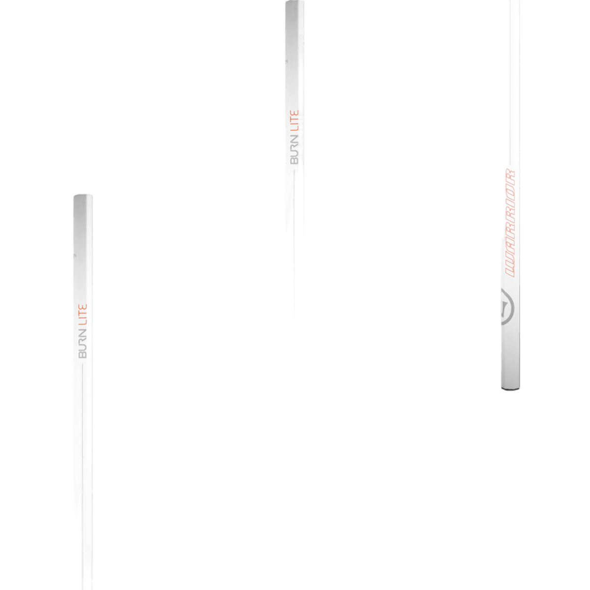 Three slender, vertical Warrior Burn Lite Lacrosse Shafts with distinctive orange and grey branding, boasting modern, sleek designs that evoke the look of carbon fiber. These shafts feature a glossy finish and seamlessly transition into transparent drips at their ends against a simple white background.