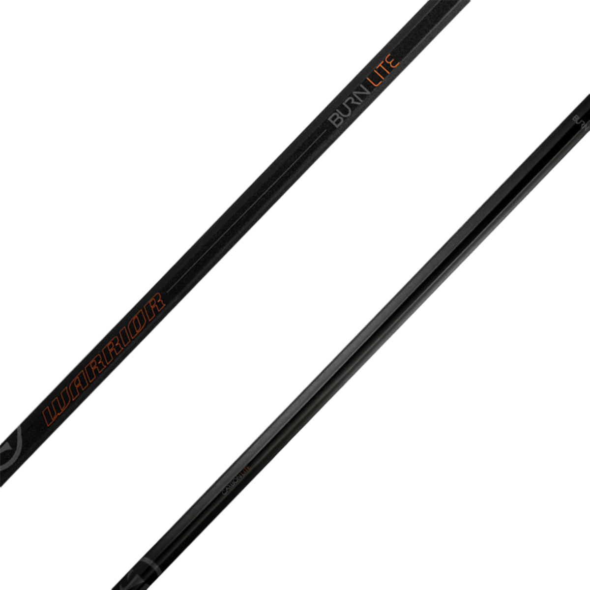 Close-up image of two lacrosse stick handles on a green background. One handle features the "Warrior" brand in orange, while the other showcases the "Burn Lite" name in silver. Both sticks boast a sleek, black design with subtle branding, representing the lightweight performance of the Warrior Burn Lite Lacrosse Shaft, perfect for an offensive playstyle.