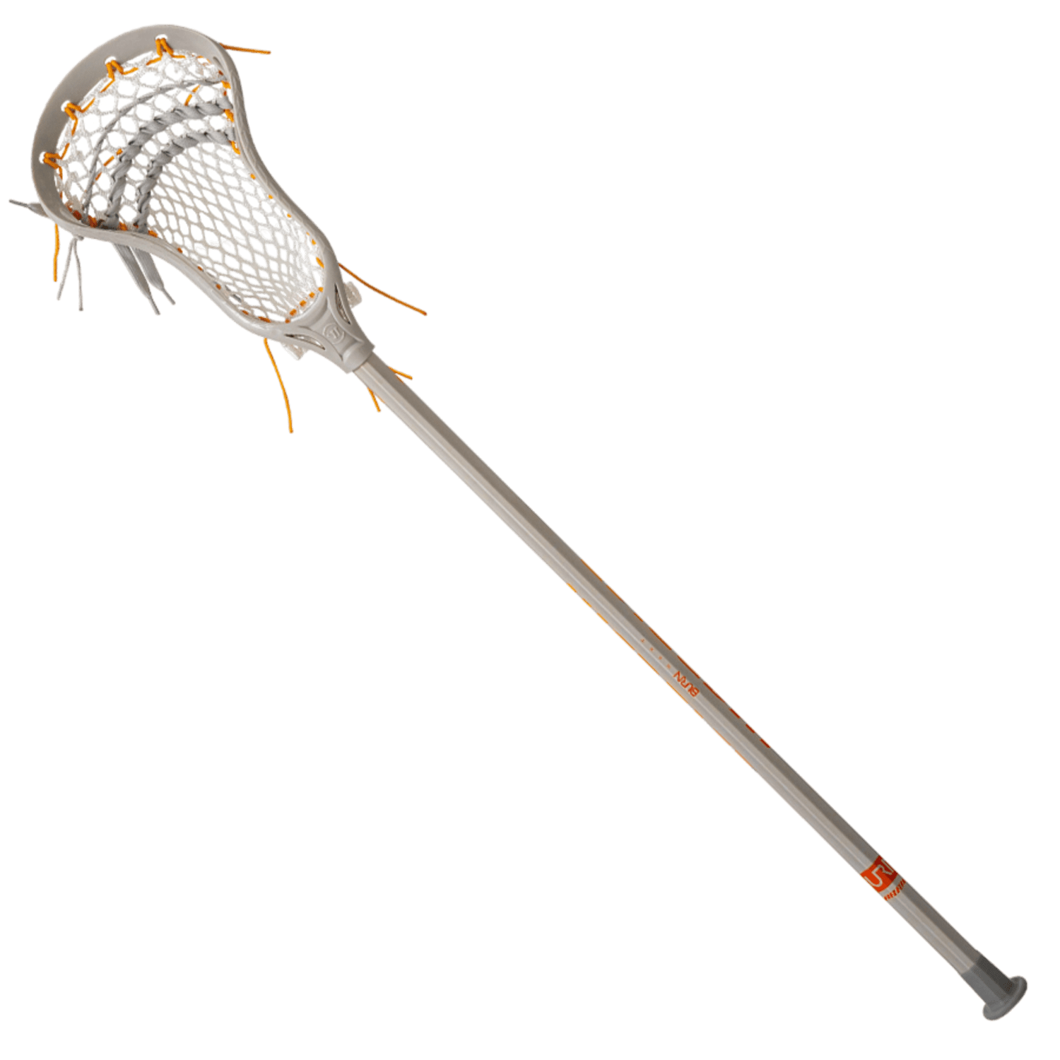 A lacrosse stick with a white mesh netting and gray shaft is shown against a plain background. Equipped with TruOffset® Technology, the stringing is white with orange accents, and the Warrior Burn Next 2023 Complete Stick by Warrior showcases an orange logo near the bottom for enhanced playability.