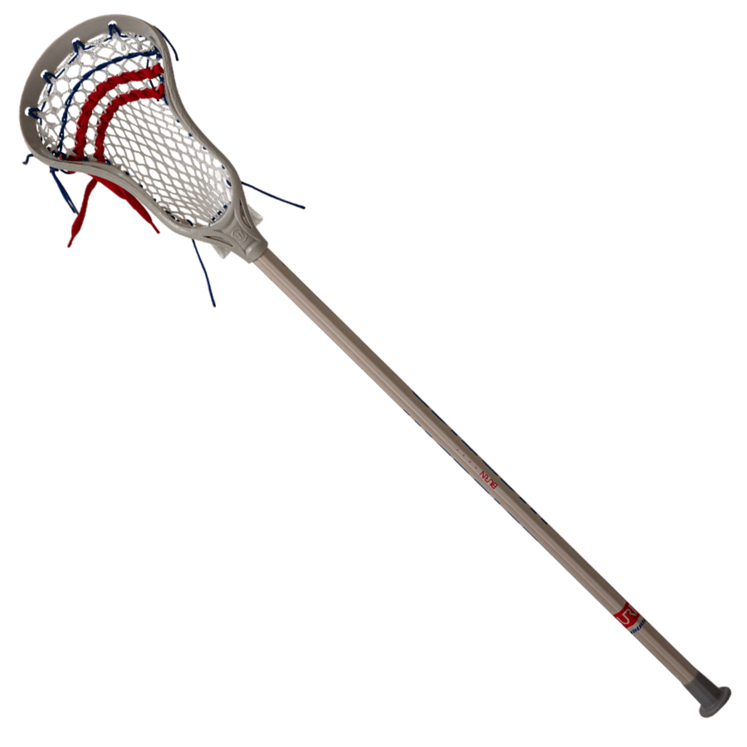 The Warrior Burn Next 2023 Complete Stick features a beige shaft and a white netted head, highlighted with red and blue strings. Designed with TruOffset® Technology, it offers superior control, making it an outstanding option for players seeking precision and reliability on the field.